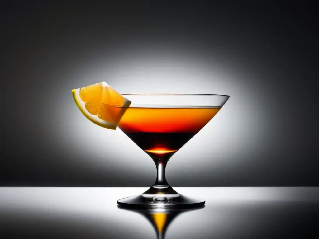 Cóctel Sidecar: Imagen abstracta de un elegante vaso negro con un vibrante cóctel naranja, con reflejos de luz y una rodaja de limón en el borde