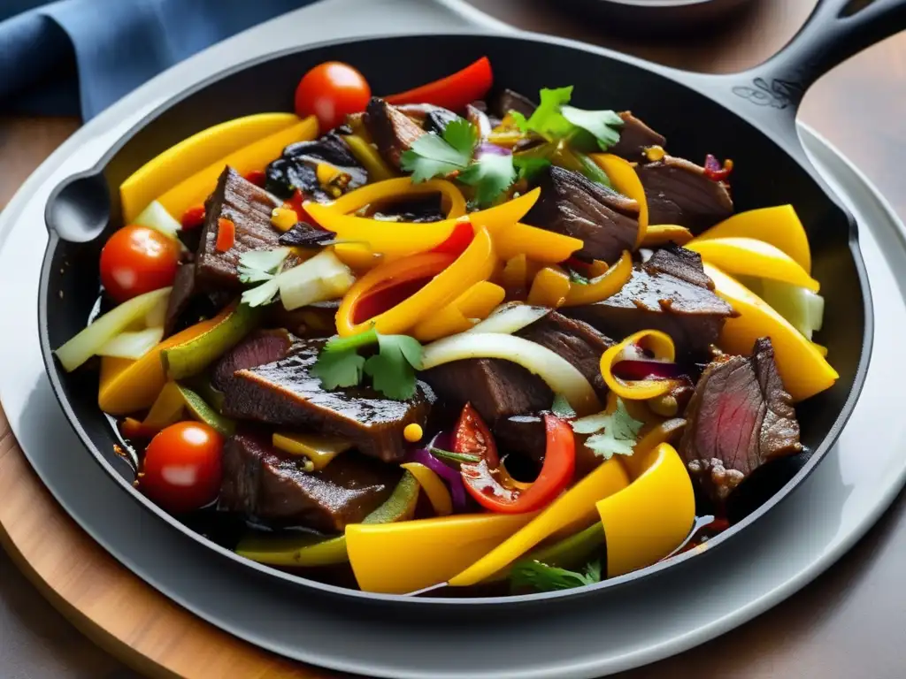 Imagen minimalista de un sartén caliente con Lomo Saltado, carne tierna, cebolla, tomate y pimientos amarillos