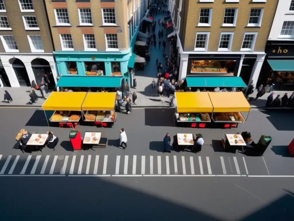 Comida callejera en Inglaterra: escena abstracta y minimalista de una animada calle en Soho, Londres