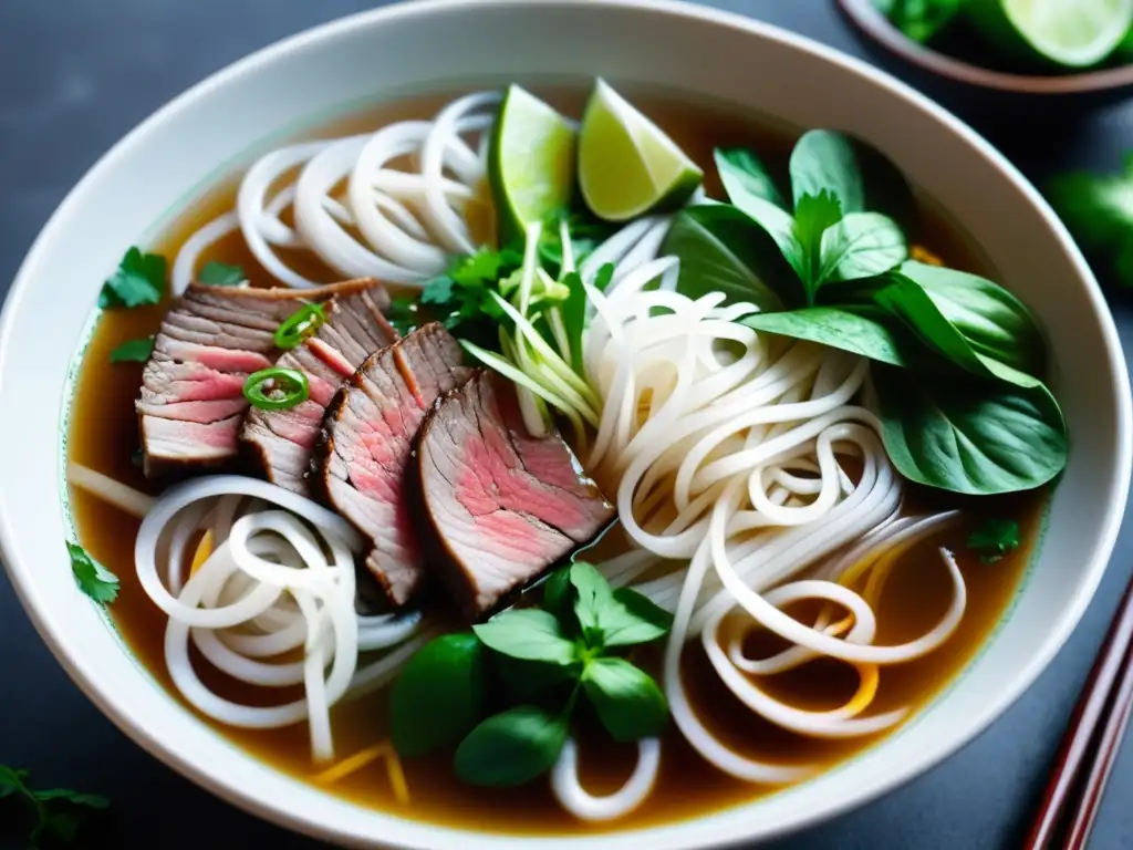 Pho vietnamita con fideos de arroz, ternera, brotes de soja y hierbas aromáticas