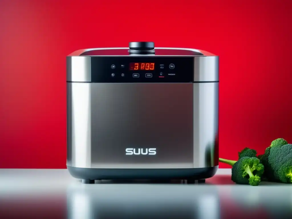 Máquina Sousvide de acero inoxidable en cocina roja, iluminada con luz suave, destaca su diseño moderno y tecnología del método Sousvide