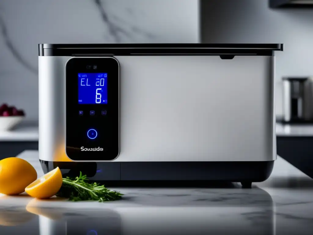 Preparación culinaria francesa: Sousvide - Imagen de máquina sous vide negra en encimera de mármol blanco, con bolsa de vegetales coloridos en agua