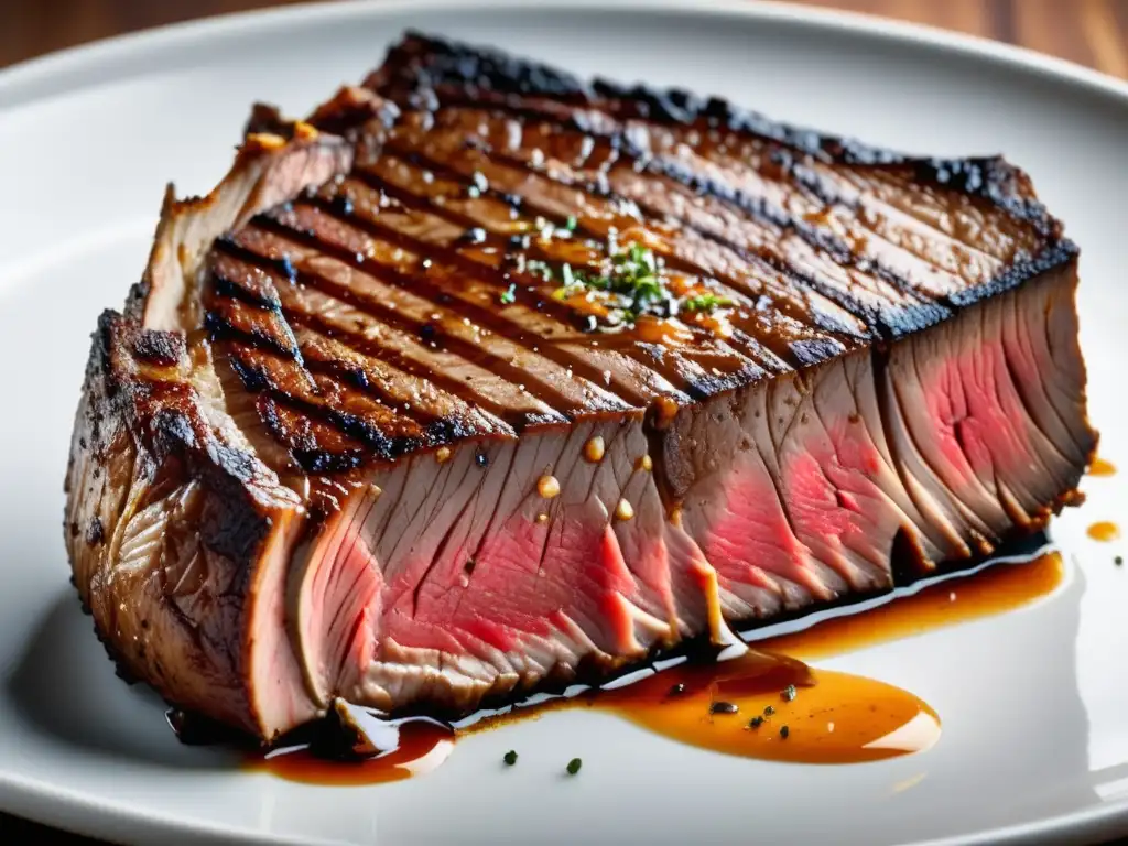 Guía para degustar y disfrutar de las mejores carnes: Steak perfectamente sellado, jugoso y caramelizado, reposando en un plato blanco