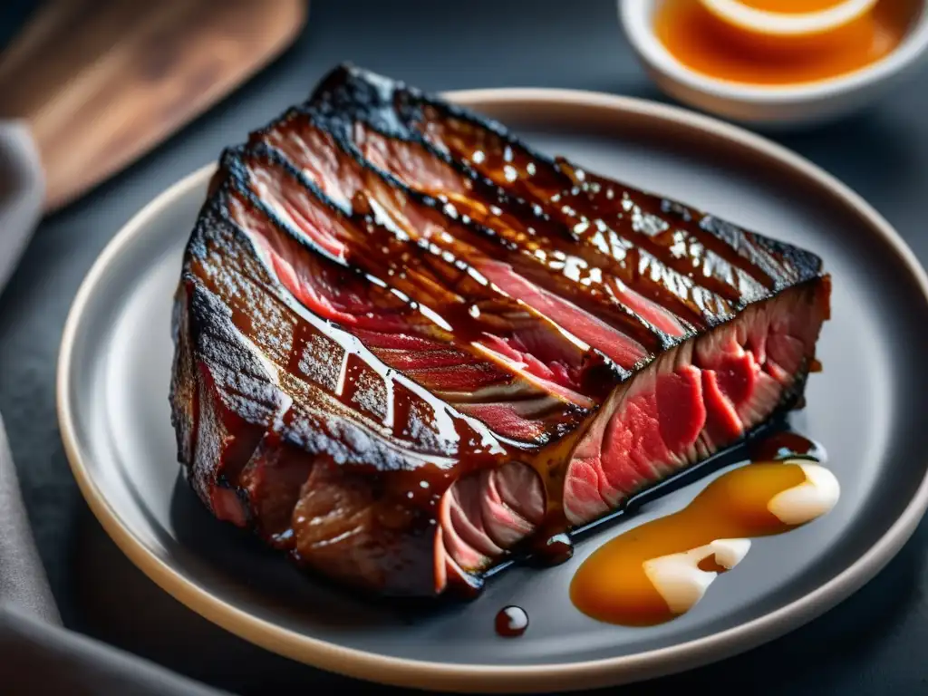 Guía para elegir la mejor carne en el supermercado: Un suculento bistec marmoleado, jugoso y perfectamente cocido, en un plato minimalista