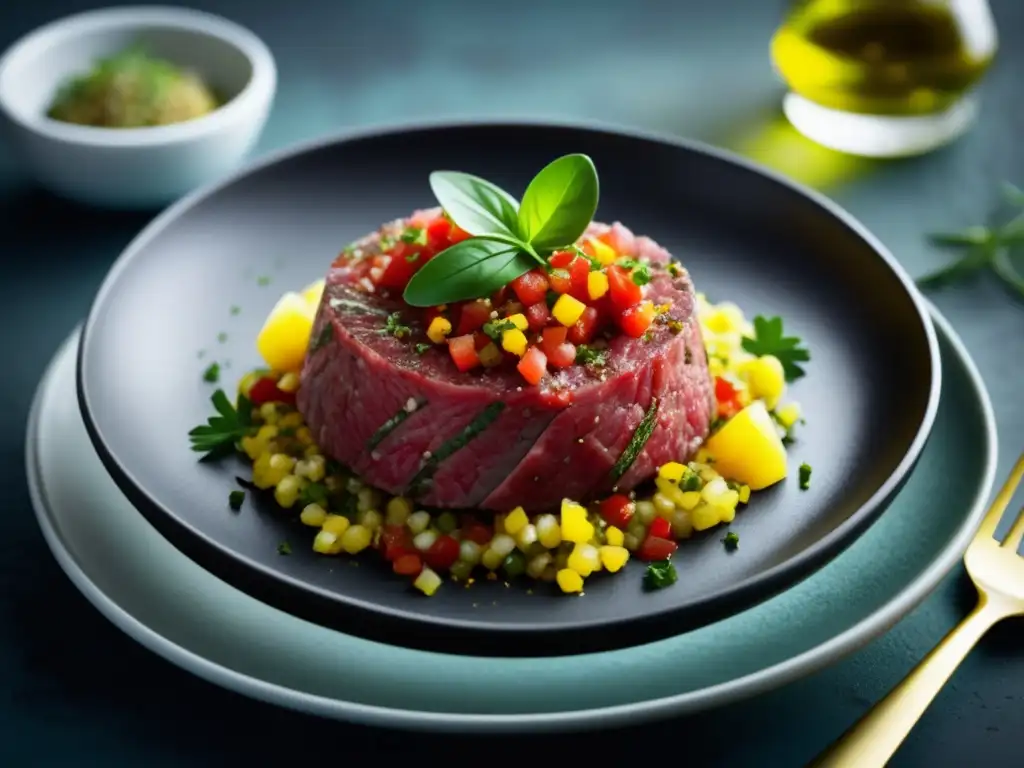 Aprende a Preparar el Mejor Steak Tartar: Plato de steak tartare, con colores y texturas vibrantes, presentado de forma minimalista