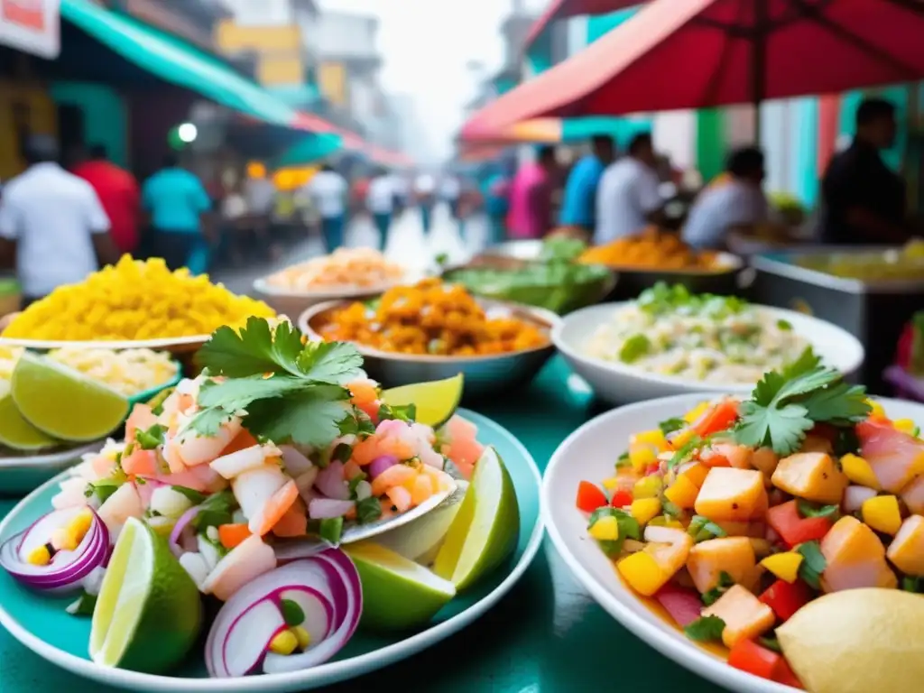 Comida callejera de Lima: plato de ceviche, anticuchos y papa rellena