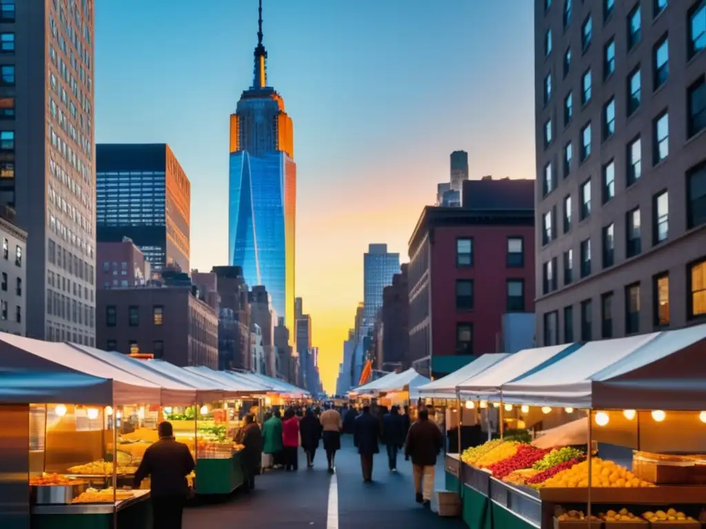 Daniel Boulud: El Chef que conquistó Nueva York - Calle abarrotada de puestos de comida vibrantes en Nueva York