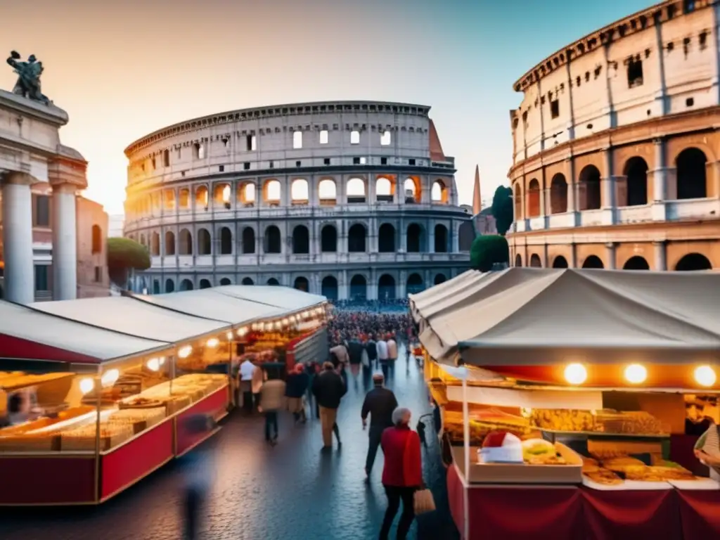 Comida callejera en Roma: escena vibrante de la calle con el Coliseo de fondo, destacando la comida italiana deliciosa y colorida