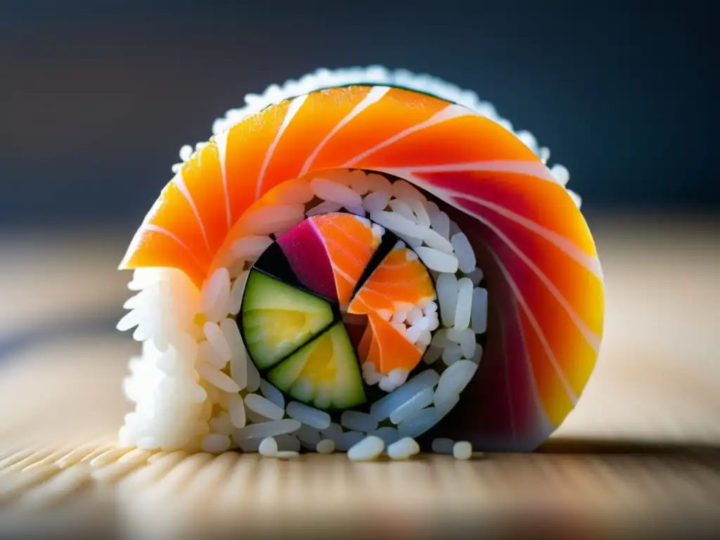 Sushi roll de cocina asiática, equilibrio de colores y texturas