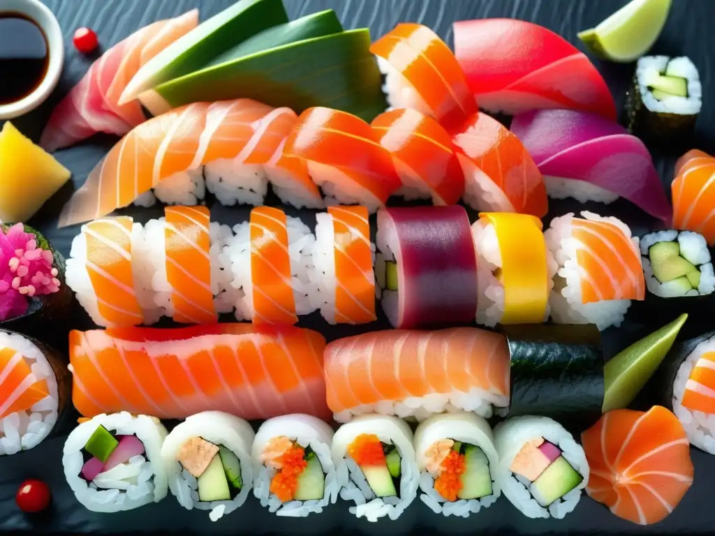 Plato exquisito de sushi, con variedad de rollos y sashimi, resalta la precisión y arte de la cocina asiática