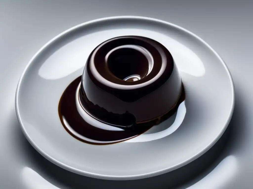 Postre clásico: ganache de chocolate brillante en plato blanco