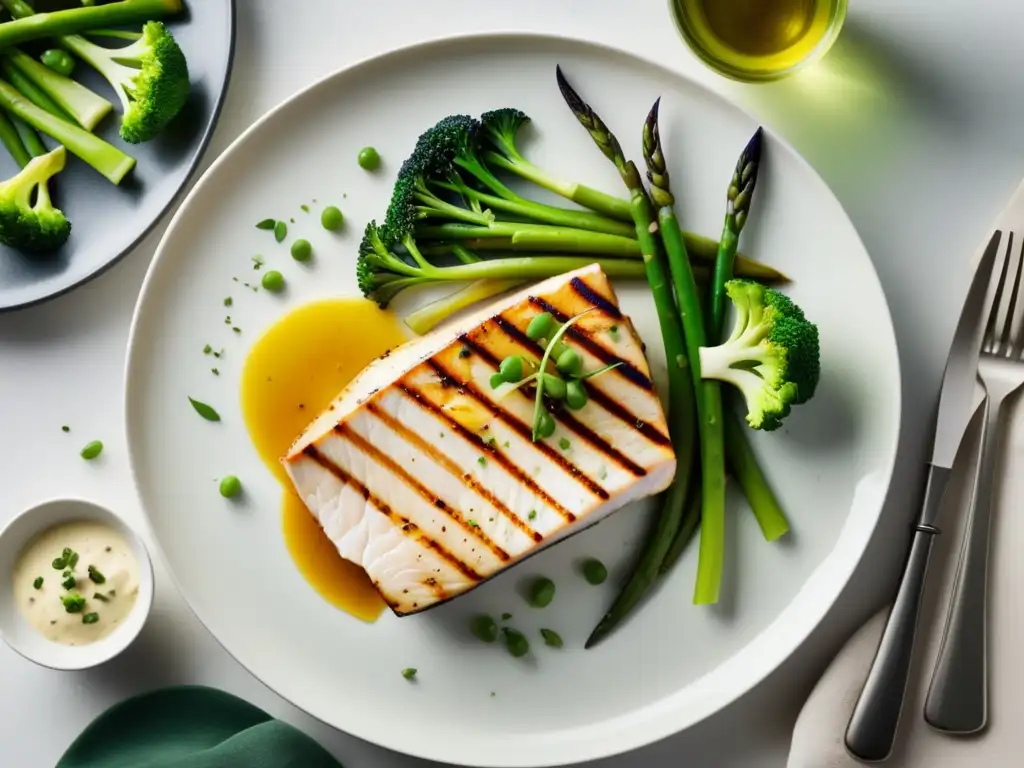 Presentación minimalista de un plato con pez espada a la parrilla y verduras verdes -