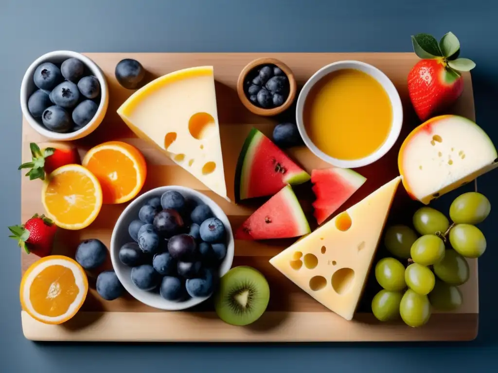 Deliciosa tabla de quesos y frutas frescas, una mezcla irresistible de sabores y texturas