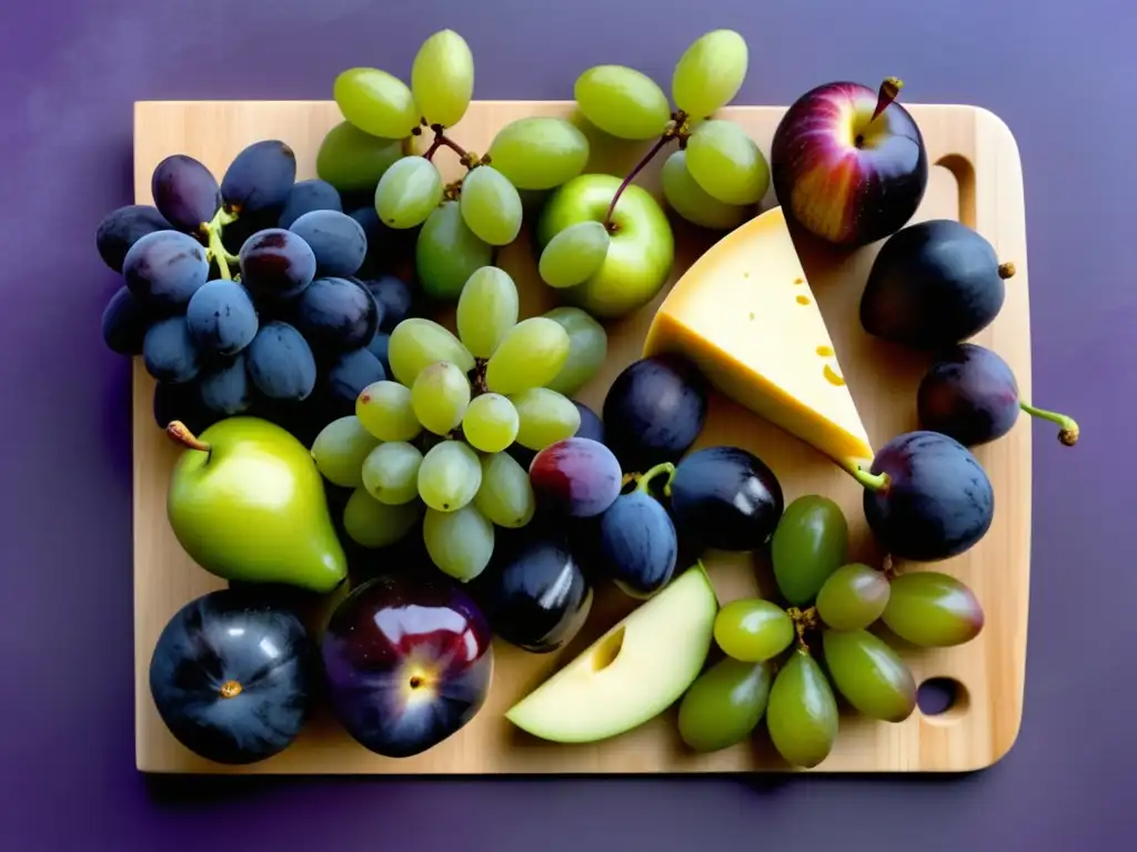 Una composición elegante de frutas frescas y quesos, resaltando colores y texturas