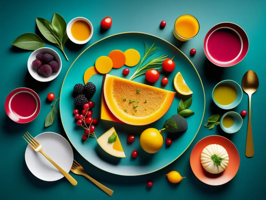 Sabores y Letras: Una imagen cautivadora de gastronomía y literatura, con una vibrante paleta de colores y formas abstractas