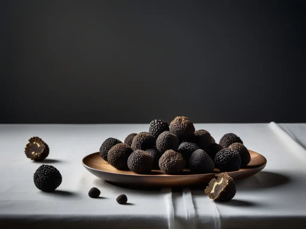 Mesa de madera rústica con mantel blanco y trufas negras en Feria de la Trufa en Italia