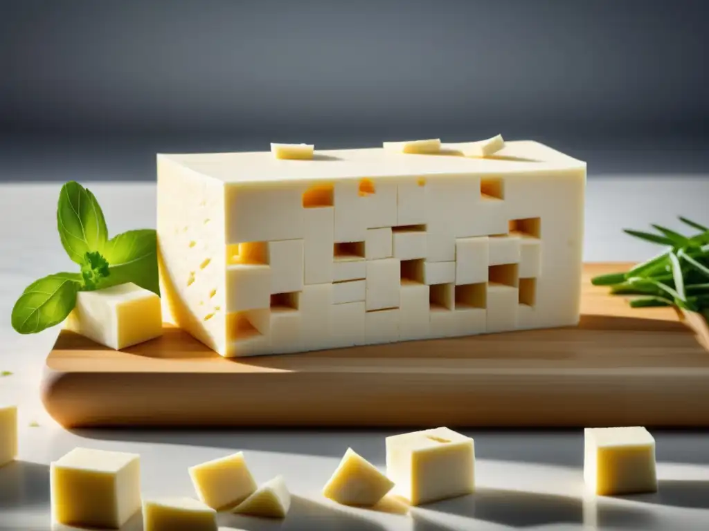 Cortes de tofu en una tabla de cortar blanca de alta resolución