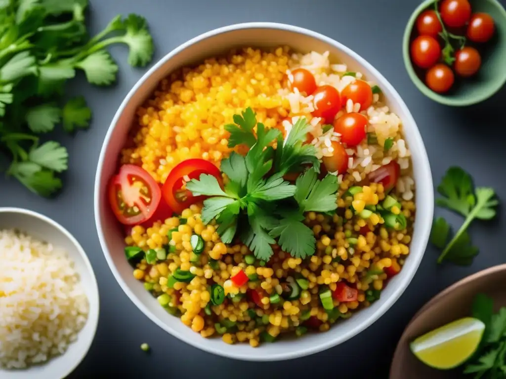 Descubriendo el bulgur: Un cereal con sabor a Medio Oriente - Tabulé vibrante y colorido en un tazón minimalista