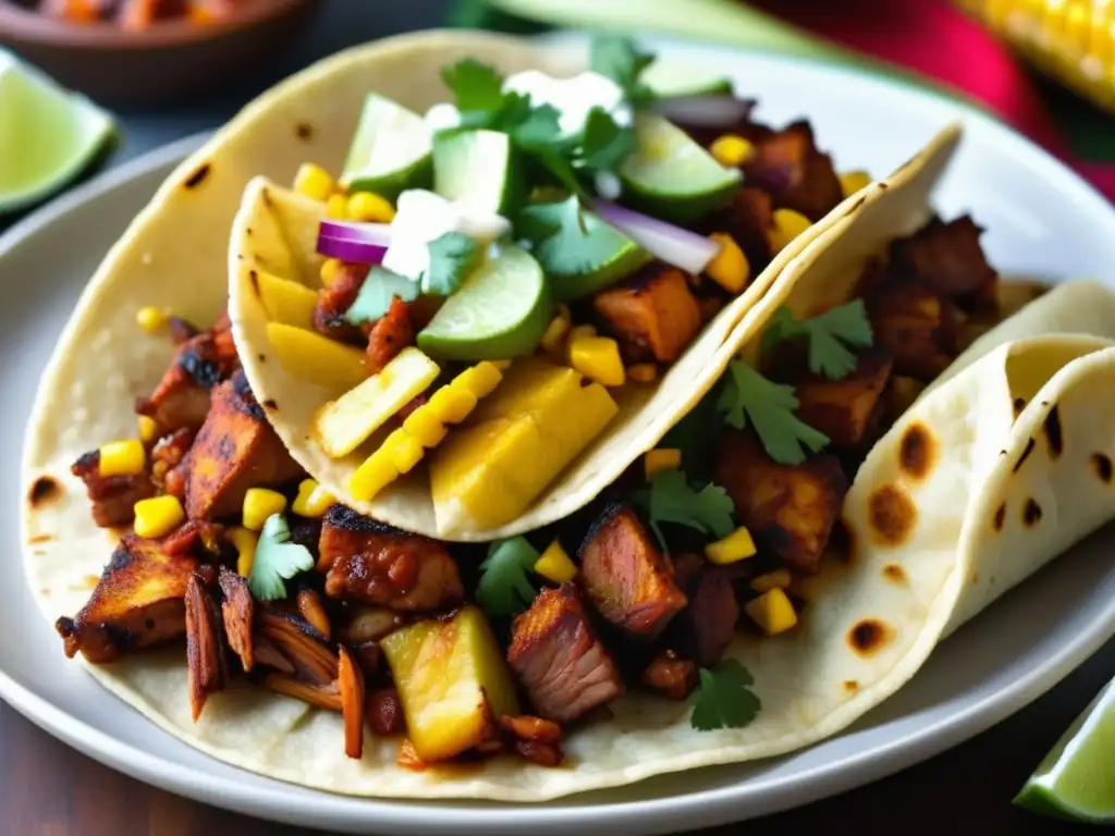 Delicioso taco al pastor con carne marinada, piña, cebolla, cilantro y tortilla dorada - comida callejera mexicana