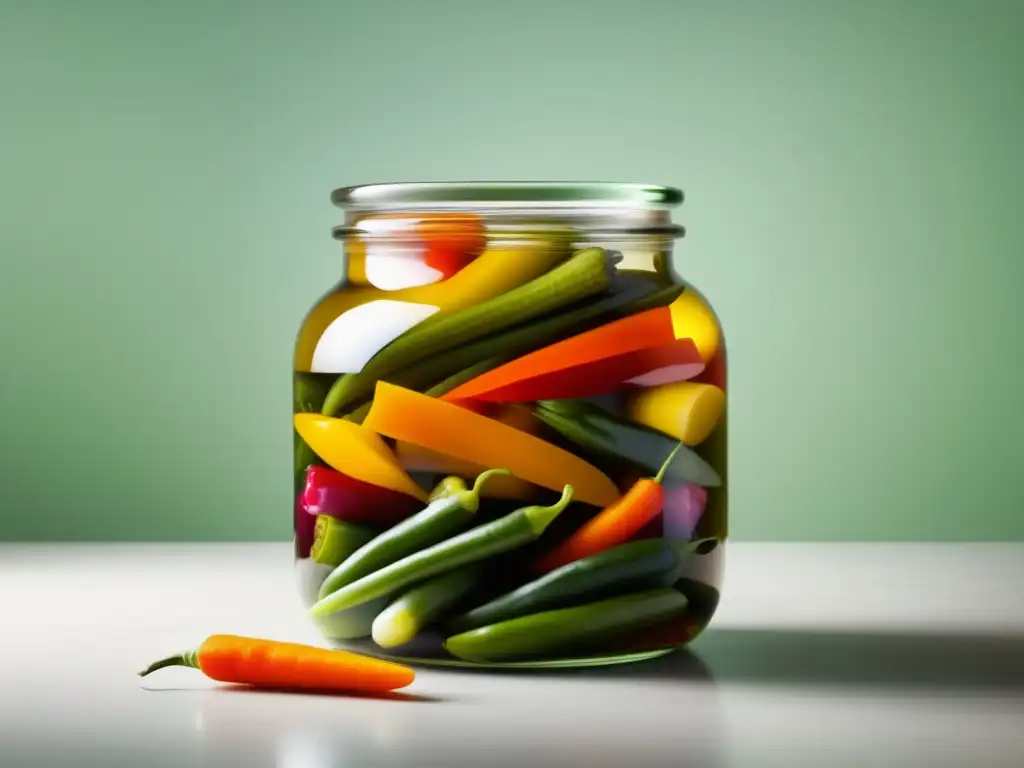 Conservación alimentos en escabeche: jarra transparente con vibrantes vegetales encurtidos, visualmente apetitosos y frescos