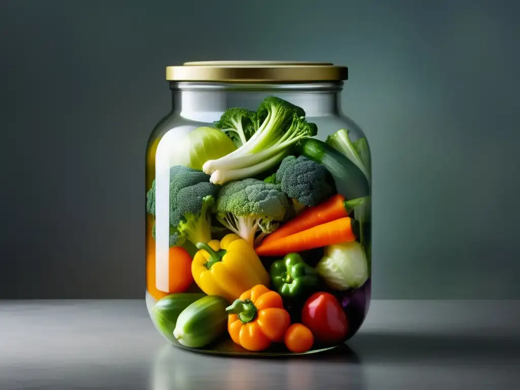 Fermentación de alimentos: jarra de vegetales coloridos sumergidos en brina nublada, resaltando frescura y burbujas