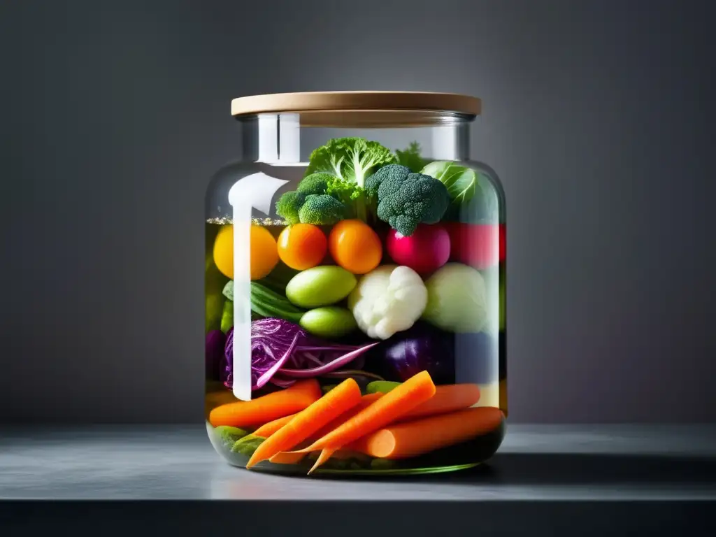 Vegetales fermentados en frasco lleno de colores vibrantes