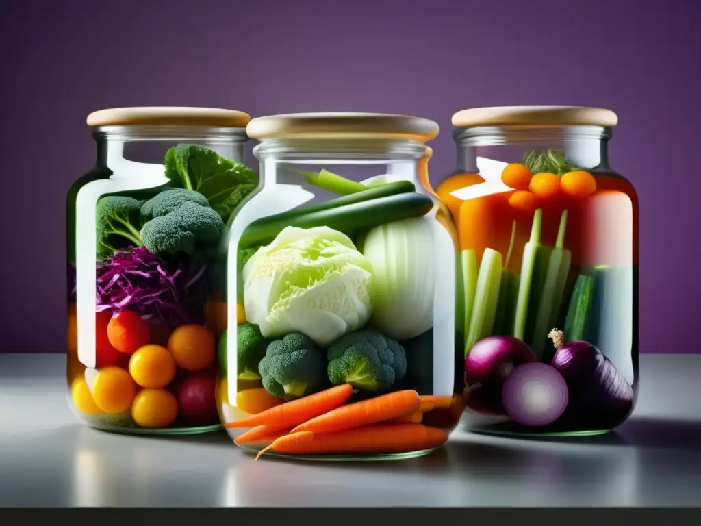 Alimentos fermentados: jarra llena de vegetales vibrantes, ricos en colores y beneficios saludables