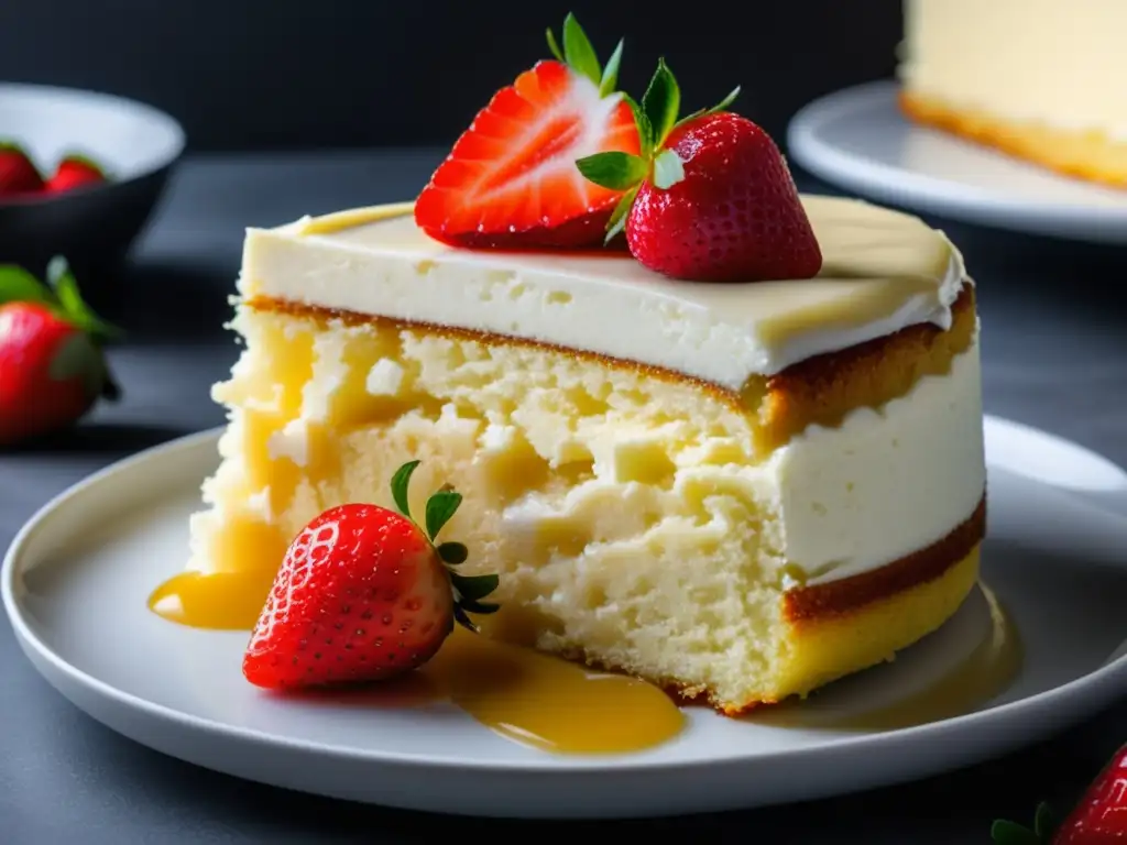 Delicioso Tres leches, con textura cremosa y capas decadentes