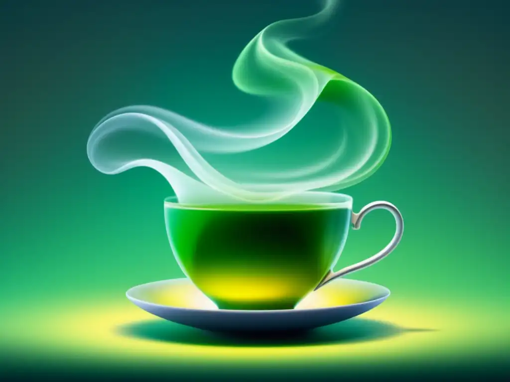 Imagen de taza minimalista de té verde con vapor y propiedades nutricionales