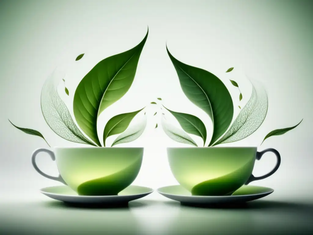 Diferencias té blanco y té verde: imagen minimalista con tazas de porcelana, vapor de hojas, fondo blanco