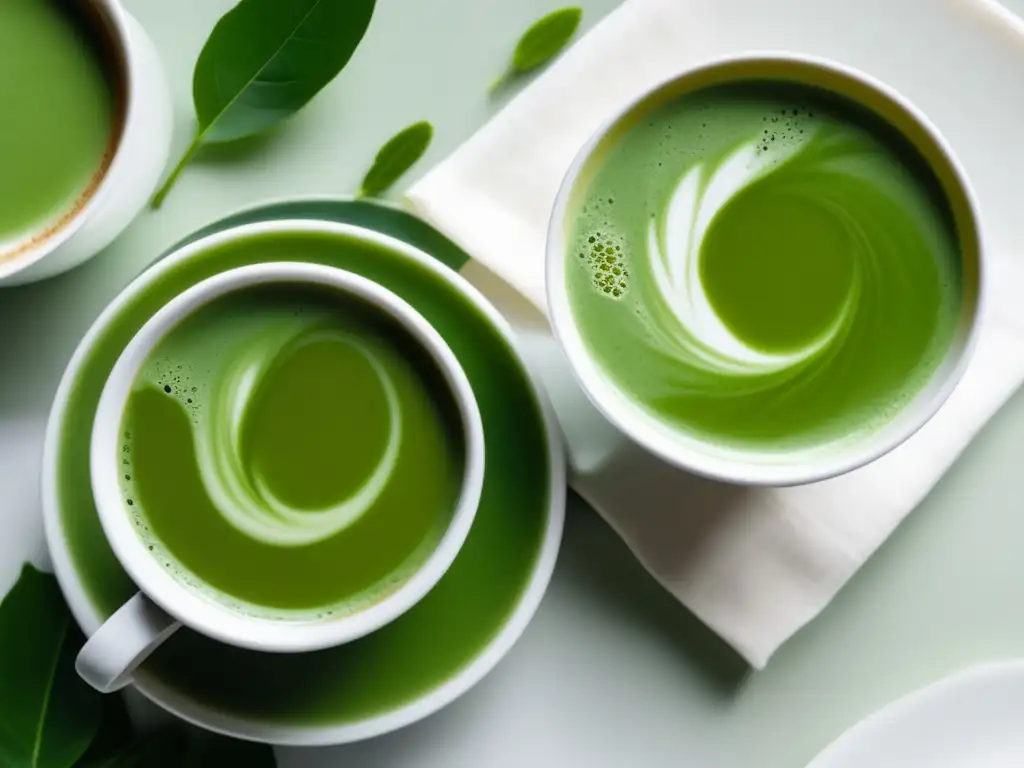 Té con leche perfecto: matcha latte y chai latte en tazas blancas minimalistas