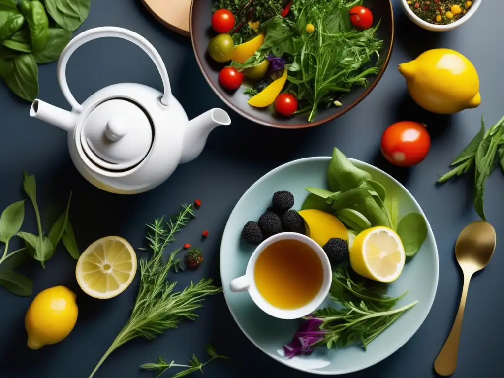 Imagen: La magia del té en la Cocina Mediterránea - Teapot, teacup, ingredientes vibrantes, ensalada mediterránea, tea, paisaje mediterráneo