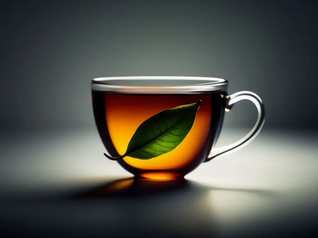 Té negro: hoja flotante en taza de té oscuro, creando contraste entre verde vibrante y negro intenso