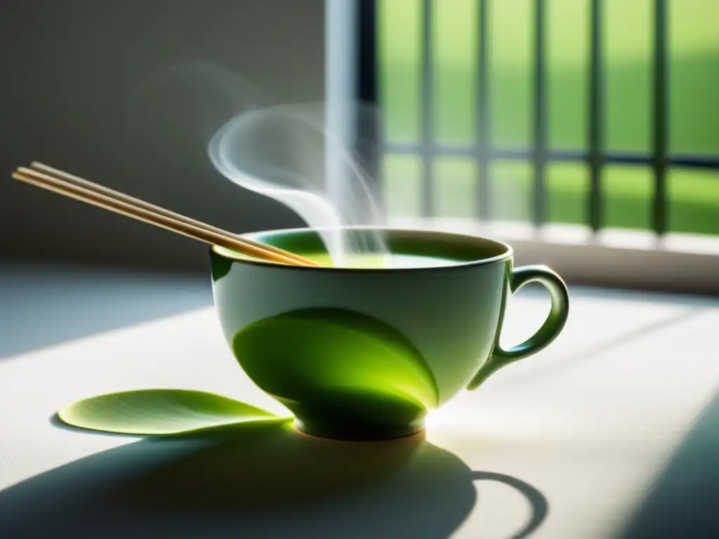 Té matcha: imagen de una taza de porcelana con té verde vibrante, adornada con un batidor de bambú japonés, en un ambiente tranquilo y sereno