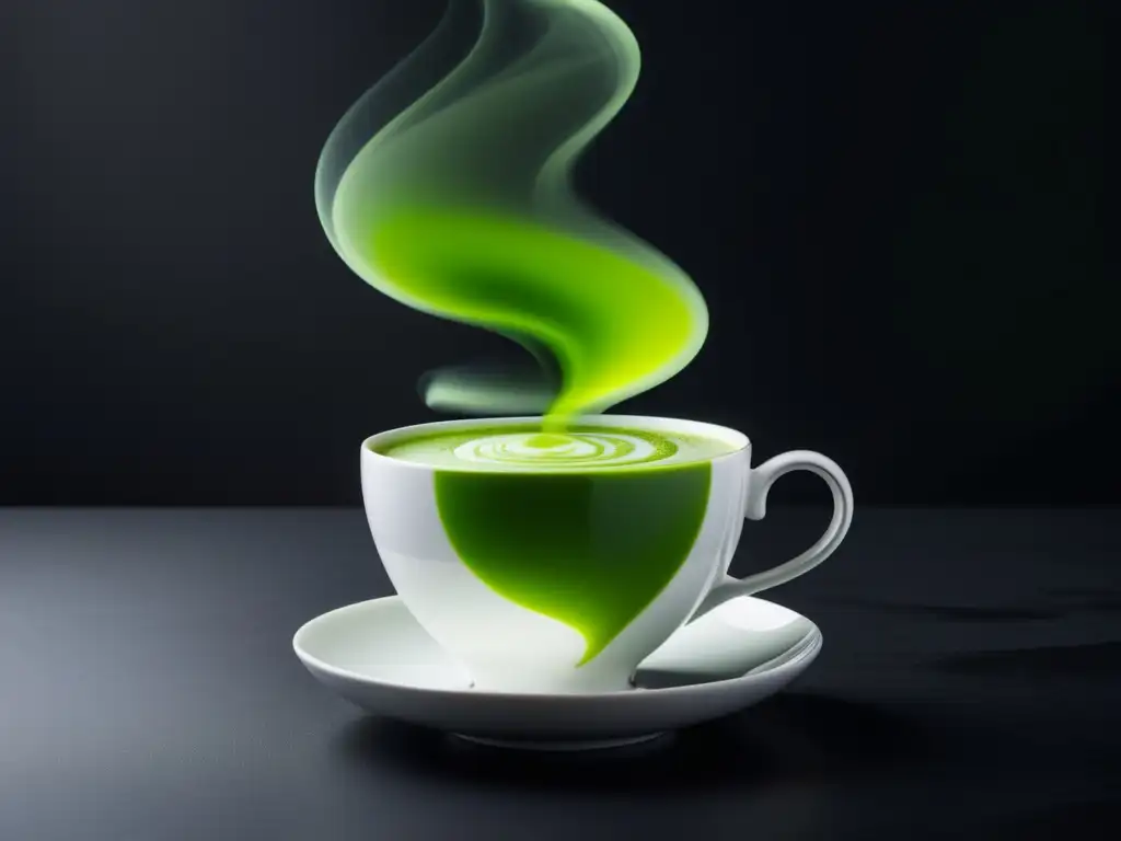 Té matcha: taza blanca con té verde y patrones abstractos