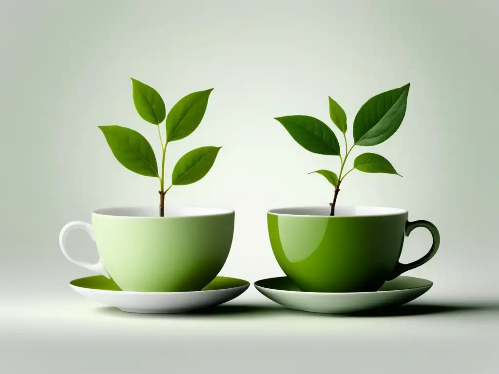 Diferencias té blanco y té verde: teacups minimalistas, uno blanco y otro verde, fondo blanco