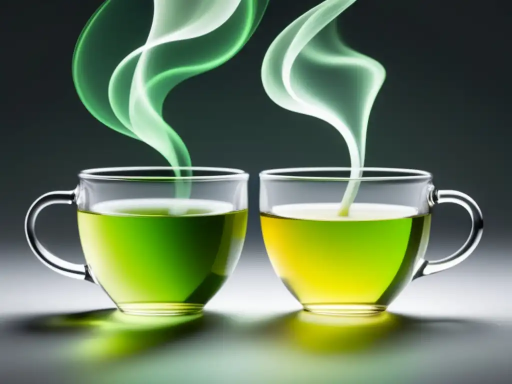 Diferencias entre té blanco y té verde: teacups con té blanco y verde, colores vibrantes y elegantes