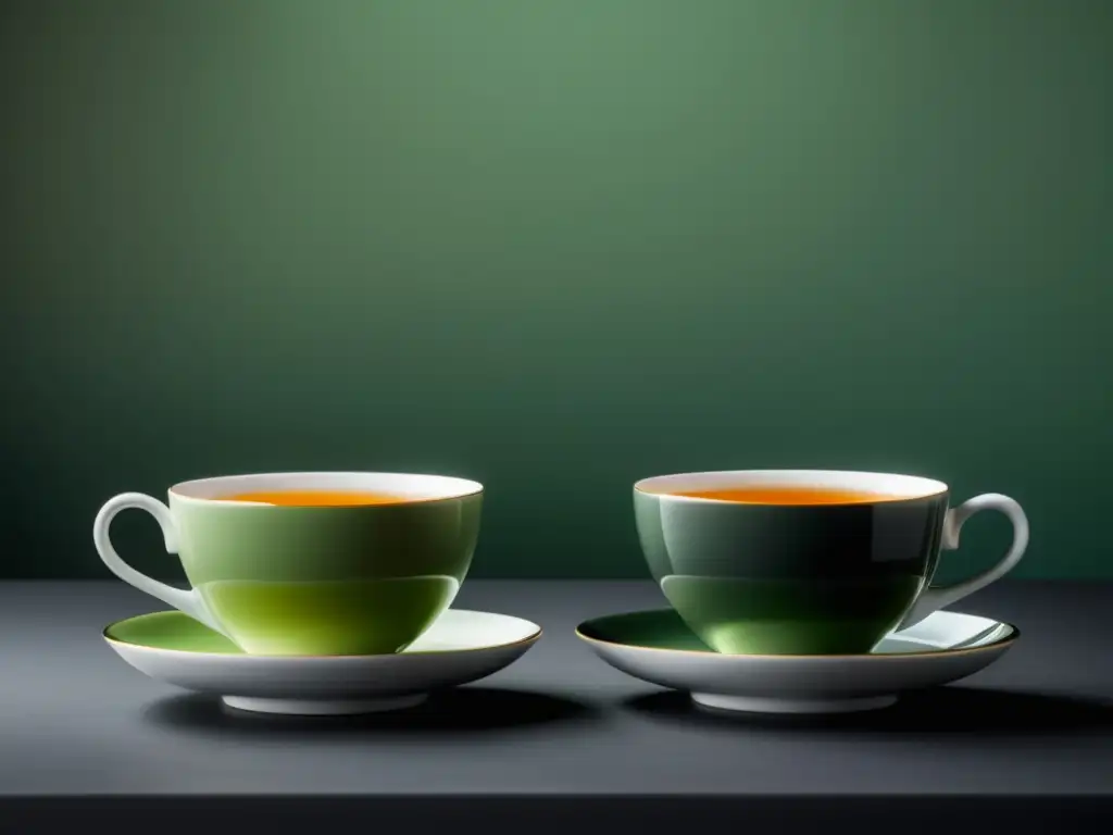 Tres tazas de té con diferentes sabores; verde, negro y oolong, sobre una mesa minimalista con luz suave