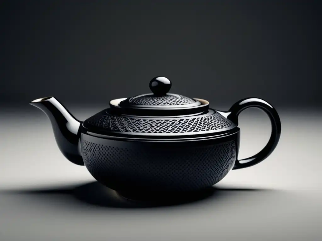 Teapot de porcelana negra con patrones abstractos inspirados en cestas de vapor dim sum