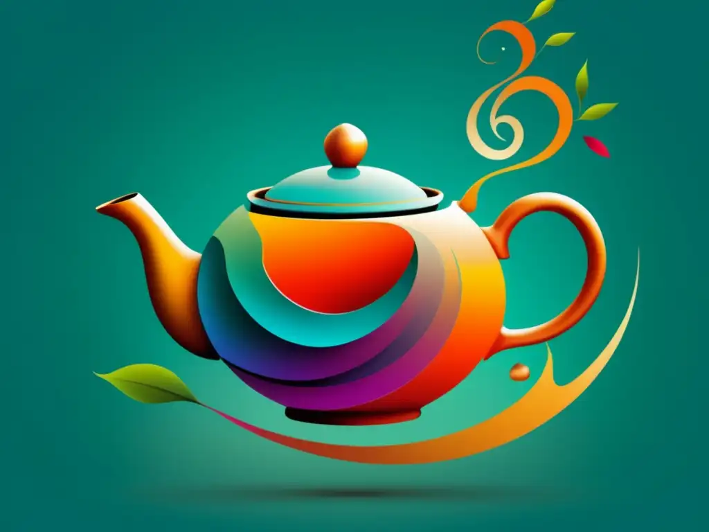 Teapot suspendido, vertiendo hojas de té vibrantes y giratorias