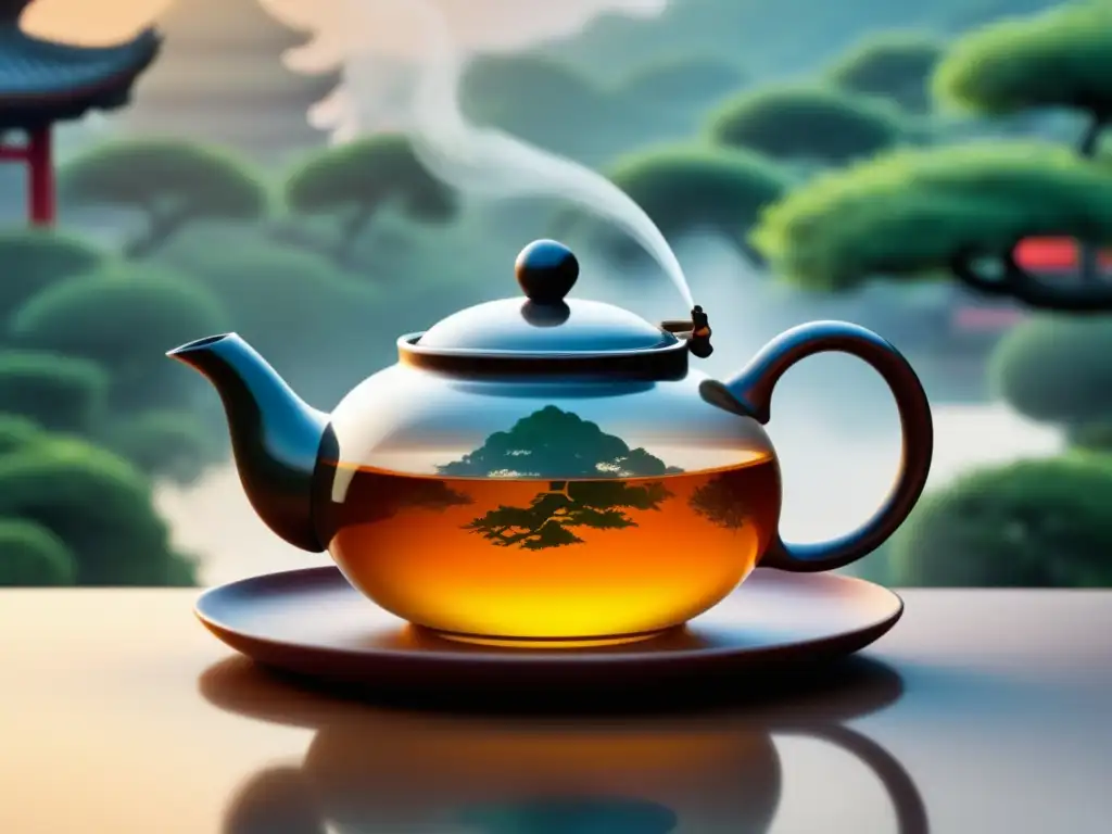 El Fascinante Mundo del Té Oolong: Imagen de una tetera con té oolong y un jardín de té chino