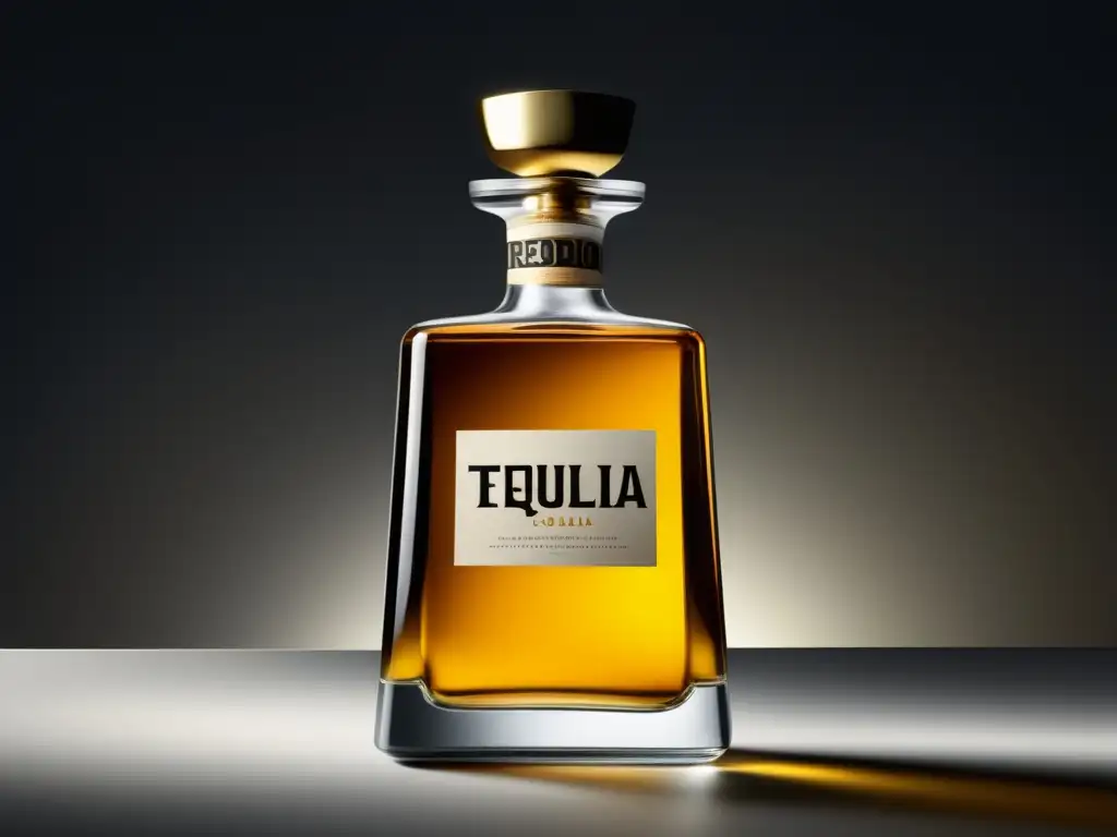 Botella de tequila reposado: minimalista, elegante y cautivadora, reflejo de la artesanía y sofisticación del patrimonio mexicano