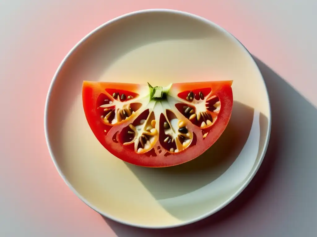 Tomate rojo vibrante en plato blanco, simétrico y jugoso, con semillas visibles