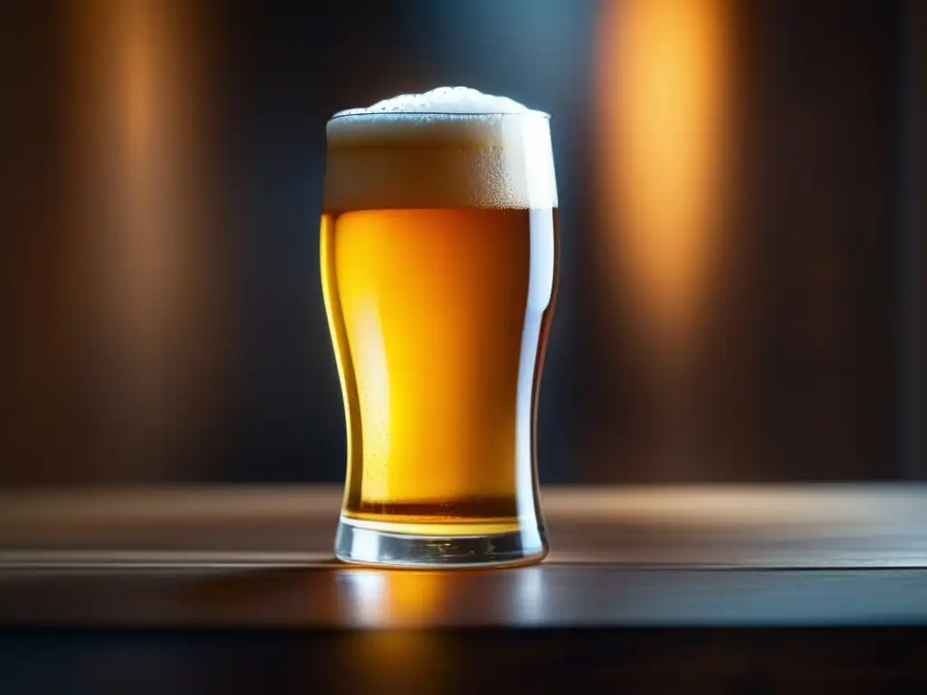 Cerveza trapense: una imagen minimalista y abstracta que muestra una escena serena con una copa de cerveza artesanal en una mesa de madera pulida