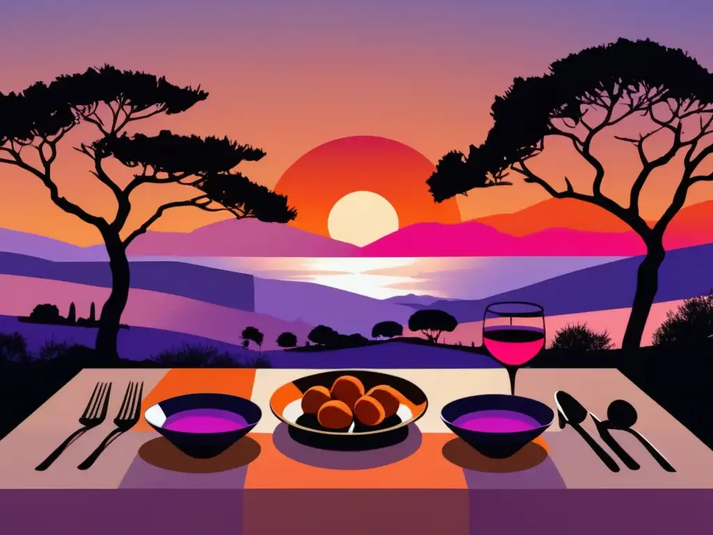 Cocina mediterránea: Paisaje minimalista y abstracto al atardecer con cielo cálido y siluetas de árboles icónicos