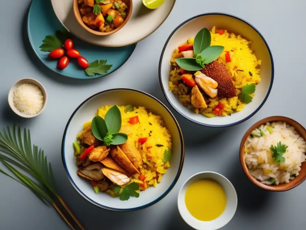 Trío de vibrantes platos de arroz: Arroz con pollo, Arroz a la cubana, y Arroz con mariscos