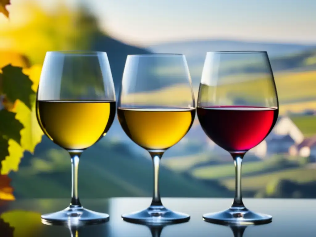 Tres copas de vino en tonos dorados, ámbar y rojo representan las regiones vinícolas de Alemania