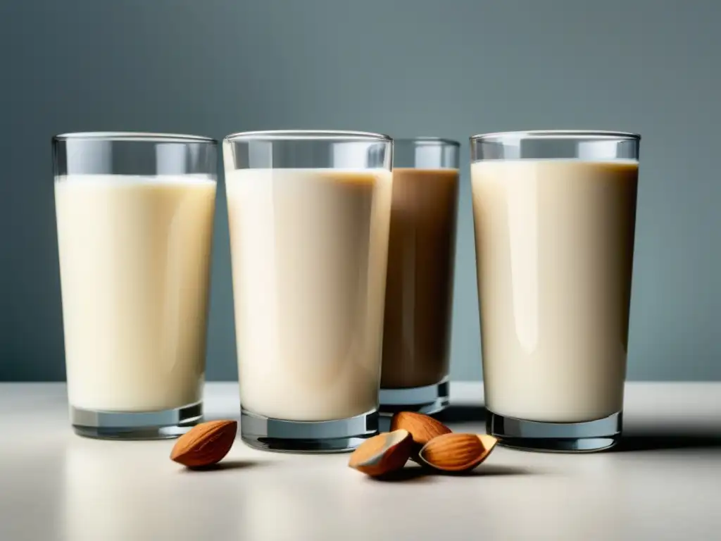 Tres vasos altos con leche de almendra, soja y avena en una imagen minimalista y abstracta