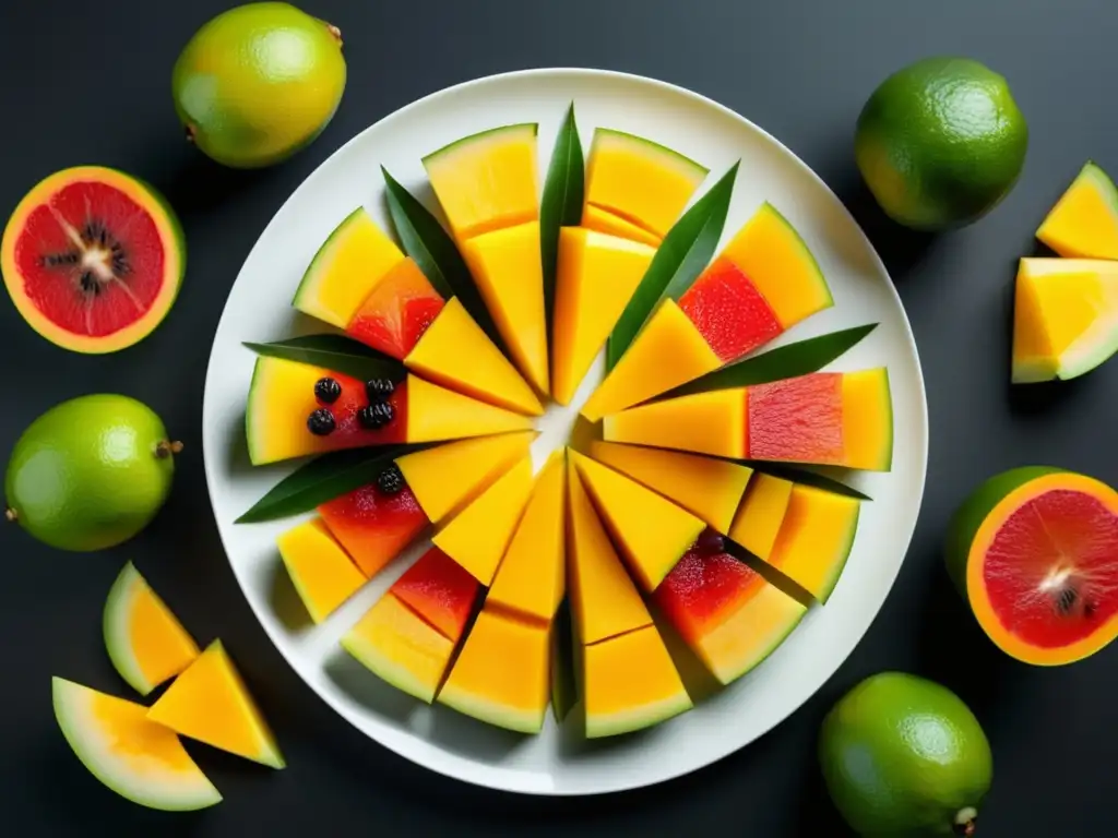 Deliciosa ensalada tropical con frutas jugosas y vibrantes en un plato blanco sobre fondo negro - Cocina Cubana: Un Baile de Sabores Tropicales