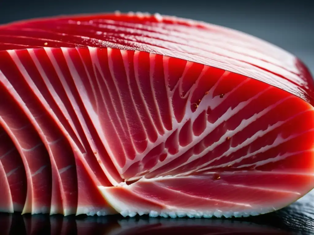 Los Cortes de Pescado más Adecuados para Sushi: Tuna fillet closeup, lustrous texture, vibrant colors